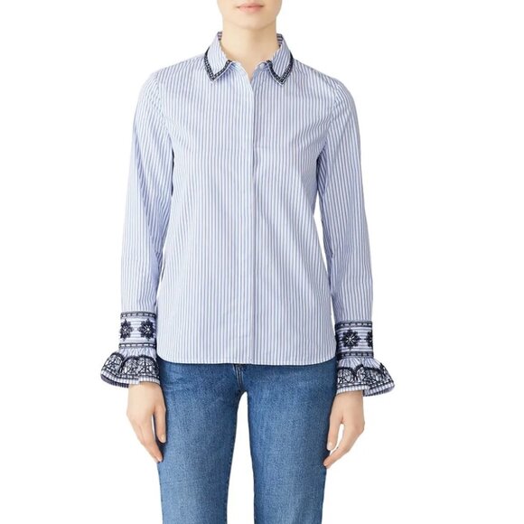 Tory Burch Blue and White Striped Paige Shirt with Embroidered Trim NWT! - Picture 2 of 8